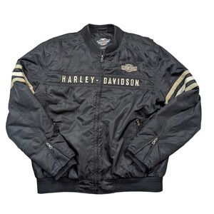 Harley-Davidson Mens Black Nylon Quilted Bomber Jacket XL Embroidered Logo